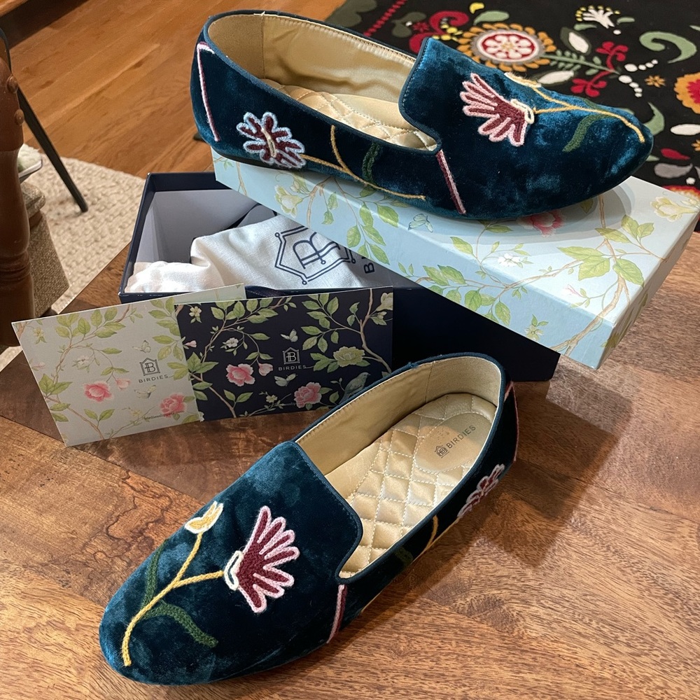 Birdies Starling Embroidered Floral Flat Teal